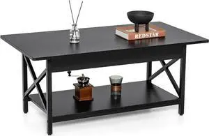COSTWAY Industrial Coffee Table, 2-Tier Wood Cocktail Tea Table with Storage Shelf and X-Shape Steel Frame, Rectangle Sofa Side Accent Table for Living Room Home Office, Black