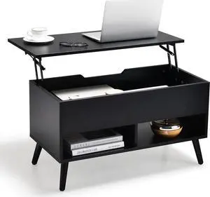 Tangkula Lift Top Coffee Table, Modern Cocktail Table with Hidden Compartment & 2 Open Shelves, Flip Top Center Table, Wooden Pull up Coffee Table for Living Room, Reception Room, Office (Black)