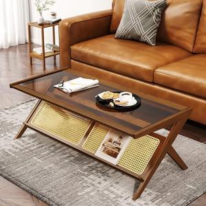 Bamworld Mid-Century Modern Coffee Table with Glass Top Rattan Coffee Table with Storage for Living Room Brown