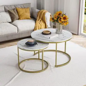 Smuxee White Nesting Coffee Table Set of 2, 27.6" Round Coffee Table Wooden Marble Pattern with Adjustable Non-Slip Feet, Industrial End Table for Living Room Bedroom Balcony