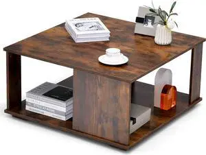 Giantex 32 Square Coffee Table, 2-Tier Wooden Table with Storage Shelf, Industrial Home Accent Table, Mid-Century Center Table Ideal for Living Room, Study Room(Rustic Brown)
