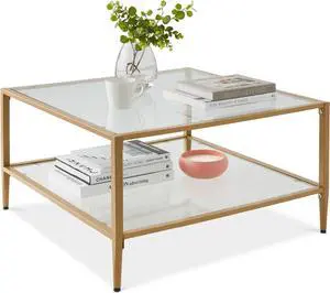 Best Choice Products 32 Square Glass Coffee Table, Large 2-Tier Accent Furniture for Living Room, Bedroom w/Metal Frame, Glass Shelves - Gold