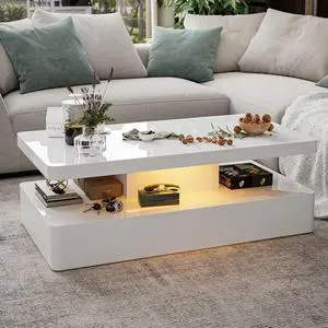 IKIFLY Modern High Glossy White Coffee Table with 16 Colors LED Lights, Contemporary Rectangle Design Living Room Furniture, 2 Tiers