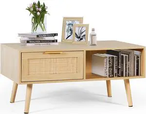 LAZZO Rattan Coffee Table Mid Century Modern Center Rectangular Tables with 2 Drawers and Open Storage Shelf Wooden Small Media Table for Home Living Room,Office Natural Wood