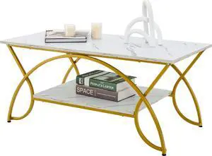 Giantex 2-Tier Rectangular Coffee Table, Faux Marble Table with Open Storage Shelf, Gold Finished Metal Frame, Modern Center Table for Living Room, Reception Room (White+Gold)