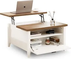 Evajoy Lift Top Coffee Table, Ergonomic Rising Table with Hidden Compartment, Dining Table with Storage Shelf, Retro Coffee Table, Farmhouse Storage with Lift Tabletop for Living Room, Office,White
