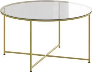 Flash Furniture Greenwich Collection Coffee Table - Modern Clear Glass Coffee Table - Crisscross Brushed Gold Frame