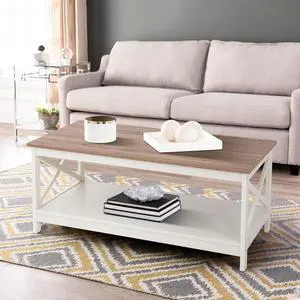 Sophia & William Farmhouse Coffee Table with Storage Shelf for Living Room, Ivory