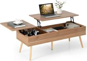 Tangkula 47 Inch Lift Top Coffee Table with Storage, Large Split Top Accent Table with Pneumatic Rods, 2 Hidden Compartments & 5 Solid Wood Legs, Center Table for Living Room (Brown)