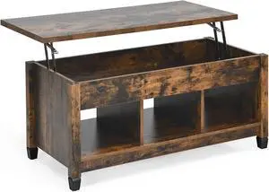 COSTWAY Lift Top Coffee Table with Hidden Storage, Rectangular Sofa Tea Table with Solid Wood Legs, Industrial Center Table Coffee Tables for Living Room Reception Room (Rustic Brown)