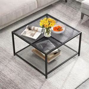 Giantex 27.5" Square Coffee Table - Tempered Glass Center Table w/Bottom Storage Shelf & Metal Frame, Modern Accent Table for Small Space, Living Room, Home, Office (2-Tier, Gray)