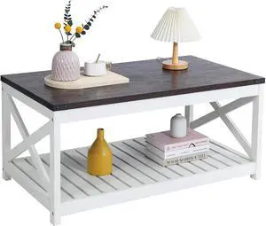 Rainbow Sophia Farmhouse Coffee Table with Slatted Shelf and Corner Protection, 40 Inch, Vintage White/Espresso