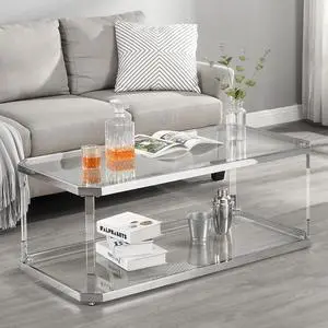 MINPINSER Glass Coffee Table, Clear Coffee Table with 2 Tiers, Acrylic Leg, Chrome Frame, Rectangular Center Table for Living Room