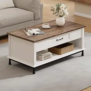 WAMPAT White Modern Farmhouse Coffee Table, Large Rectangle Center Table with 1 Drawer and Open Storage Shelf for Living Room, 42", White/Oak, Wood/Metal