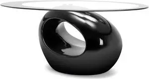 COSVALVE Oval Glass Coffee Table with High Gloss Hollow Base & Tempered Glass Top, Side Table for Living Room, Sitting Room, Black Unique Coffee Table