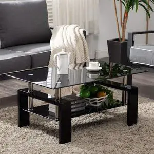 Rectangle Glass Modern Coffee Table - Black, 37D x 22W x 18H in, Coffee Table with Storage Shelf Rectangle Glass Modern Coffee Table - Black, 37D x 22W x 18H in, Coffee Table with Storage Shelf