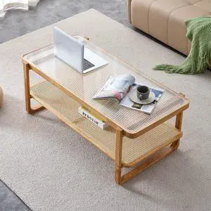 NYEESS Rattan Coffee Table with Tempered Glass Top,Wood Coffee Table for Living Room,Glass Top Coffee Table with Imitation Rattan Storage Shelf, Rectangle Coffee Table for Living Room