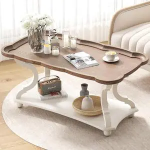 Function Home Farmhouse Coffee Table, Modern Cocktail Table with Storage Shelf, Sofa Table with Natural Tray Top and Carved Legs for Living Room, Bedroom, Dining Room in Vintage White