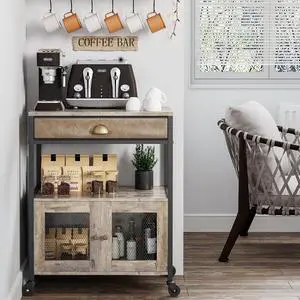 X-cosrack Coffee Bar Cabinet3 Tiers Kitchen Coffee Cart with Drawer for The Home, Movable Farmhouse Coffee Station Table on Wheels for Living Room, Entryway, Dining Room, Kitchen