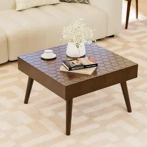HOMPUS Rustic Farmhouse Square Coffee Table Honeycomb Pattern MDF Board Wood Finsh Accent Furniture Brown Modern Cocktail Side Table and End Table for Living Room,Bedroom,Home
