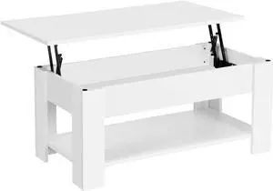 Topeakmart Adjustable Lift Top Coffee Table w/Hidden Compartment and Shelf- Storage Dining Table for Living Room/Reception/Office, White