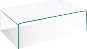 Tangkula Tempered Glass Coffee, Clear Coffee Table, Waterfall Rectangle Coffee Table for Living Room, Cocktail Tea Table with Rounded Edges
