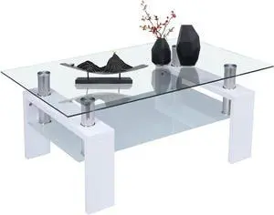 Coffee Table, Axonl Coffee Table for Living Room Rectangle Modern Coffee Table Glass Center Table for Living Room, 2-Tier Living Room Table Coffee Table with Storage for Office Home, White
