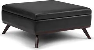 SIMPLIHOME Owen 36 Inch Wide Mid Century Modern Square Coffee Table Lift Top Storage Ottoman in Upholstered Distressed Black Faux Leather, For the Living Room