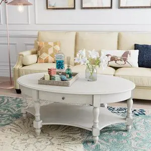 JESONVID Solid Wood Oval Coffee Table with Drawer and Storage Shelf, 44.9" Traditional Retro Center Table Polished Edging Cocktail Tea Table for Living Room Bedroom Home, Antique White