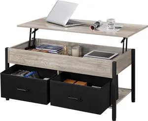 Topeakmart Lift Top Coffee Table with Hidden Storage Compartment Shelves and 2 Fabric Baskets, Retro Central Table with Wooden Lift-up Tabletop for Living Room Reception Room, Gray