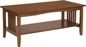 OSP Home Furnishings Sierra Coffee Table with Lower Storage Shelf and Mission Style Side Panels, Brown Ash