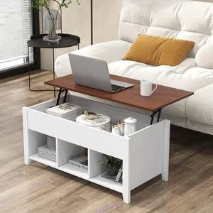 Casart Coffee Table with Hidden Storage Compartment, Display Shelves, Lift Tabletop for Living Room, Bedroom, Home&Office Furniture Retro Central Table Lift Top Tea Dining Table (White+Brown)