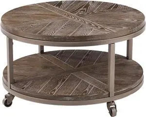 SEI Furniture Konya Urban Industrial Round Coffee Table, White-limed Burnt Oak/Distressed Gray