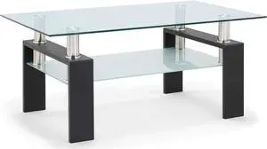 Xmatch Tempered Glass Coffee Table for Living Room with 2 Tiers Size 39.4" x 23.7" (W x D) Black