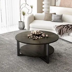 JESONVID Round Black Coffee Table, 33.5" 2-Tier Circle Accent Center Table with Storage Shelf & Black Metal Legs Industrial Cocktail Table with Wood Circle Tabletop 1338BK