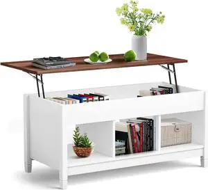KOTEK Lift Top Coffee Table with Hidden Compartment & Open Shelves, Modern Coffee Table with Storage, Accent Table Lift-Top Table for Living Room, Reception Room (White)