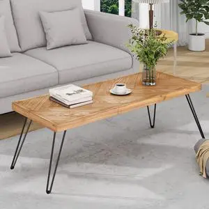 Modern Wood Coffee Table, Nature Cocktail Table for Living Room Chevron Pattern & Metal Hairpin Legs, Nature Rustic Rectangular Table