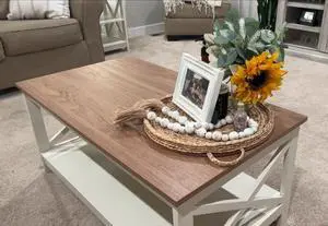 MAISON ARTS Modern Coffee Table with Storage Shelf, Rustic Farmhouse Coffee Table for Living Room, Wood Look Mid Century Accent Furniture, Easy Assembly, Ivory