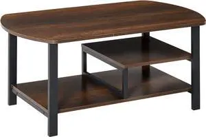 HOMCOM Vintage Industrial Coffee Table with Under-Top Storage Shelves and Rounded Corners, Dark Wood Color