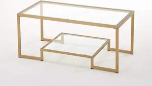 Gold Metal Glass Accent Coffee Cocktail Table with Shelf Gold Metal Glass Accent Coffee Cocktail Table with Shelf