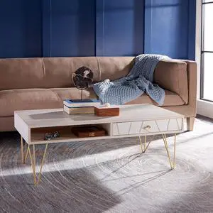Safavieh Home Collection Marigold Mid-Century White Wash and Brass Hairpin Leg Coffee Table, 0