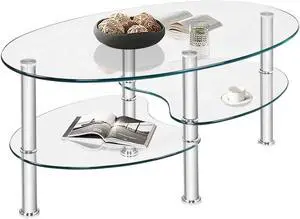 DORTALA Tempered Glass Oval Coffee Table, 3-Tier Modern Side Table with Chrome Base and Open Storage Shelf, Home Furniture Decor End Table for Living Room, Office Reception, Clear