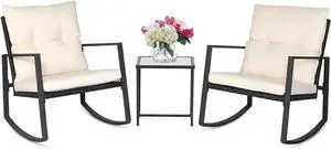 SUNCROWN 3 Piece Outdoor Rocking Bistro Set Black Wicker Furniture Porch Chairs Conversation Sets with Glass Coffee Table, Beige