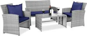 Best Choice Products 4-Piece Outdoor Wicker Patio Conversation Furniture Set for Backyard w/Coffee Table, Seat Cushions - Gray/Navy