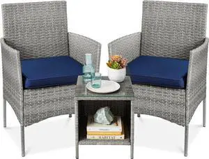 Best Choice Products 3-Piece Outdoor Wicker Conversation Bistro Set, Space Saving Patio Furniture for Garden w/Side Table - Gray/Navy