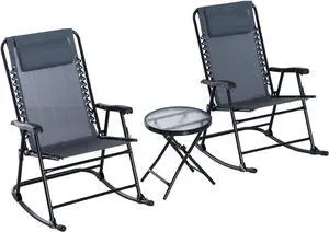 Outsunny 3 Piece Outdoor Rocking Bistro Set, Patio Folding Chair Table Set with Glass Coffee Table for Yard, Patio, Deck, Backyard, Grey