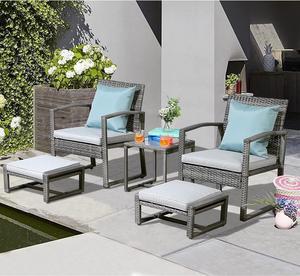 Patiorama 5 Piece Outdoor Patio Wicker Furniture Set, All Weather PE Rattan Chair and Ottoman Footstool Set, W/Coffee Table, Cushions (Light Grey) for Garden, Balcony, Porch, Space Saving Design
