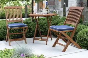 Outdoor Interiors Eucalyptus Wood 3-Piece Square Foldable Bistro Outdoor Furniture Patio Set, Table and 2 Chairs with Cushions, Blue
