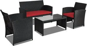 Goplus Rattan Patio Furniture Set 4 Pieces, Outdoor Wicker Conversation Sofa and Table Set with Soft Cushions & Tempered Glass Coffee Table for Balcony Garden Backyard (Red)