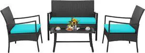 Tangkula 4 Pieces Rattan Conversation Set, Patio Sofa Couch Set with Tempered Glass Coffee Table, Seat Cushions, Outdoor Wicker Loveseat Set for Poolside, Courtyard, Balcony (1, Turquoise)